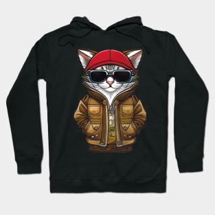 Cool Cartoon Cat in Jacket, Cap, and Sunglasses Hoodie